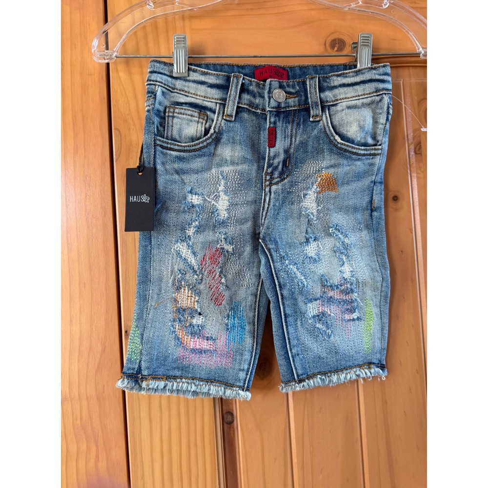Haus of JR Kids Distressed Sashiko Denim Shorts Light Wash HOJ121-121 Size 6T